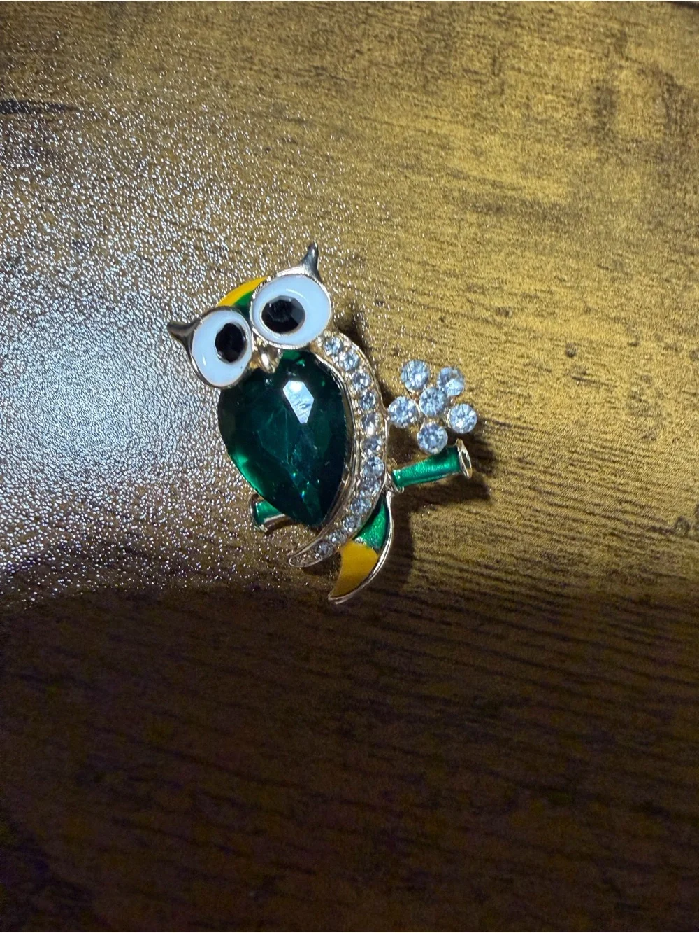 Gold-Tone Green Crystal Owl Brooch - NEW